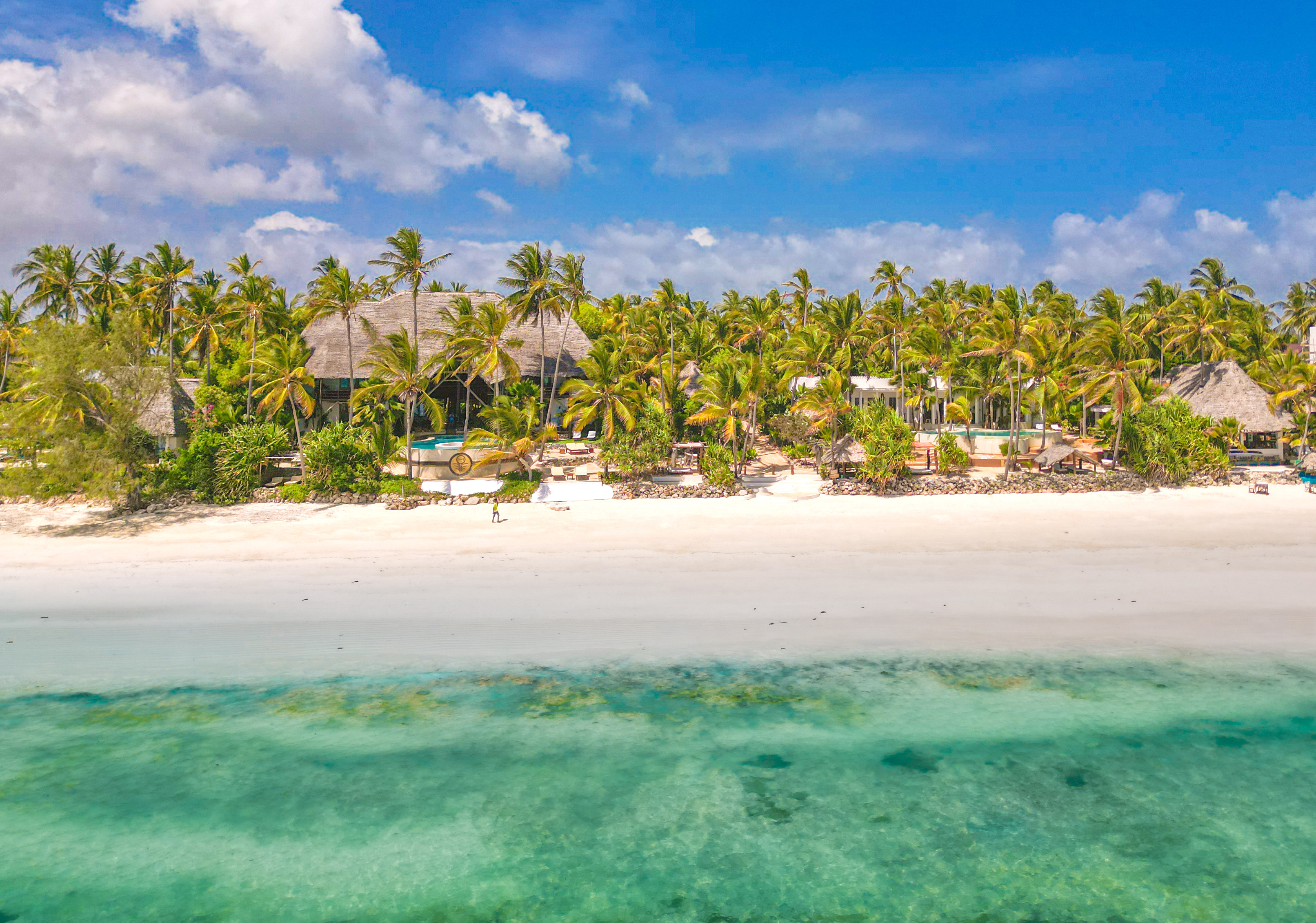 Aerial view of Boutique-Hotel Matlai beach and turquoise ocean, Michamvi Pingwe, Zanzibar east coast