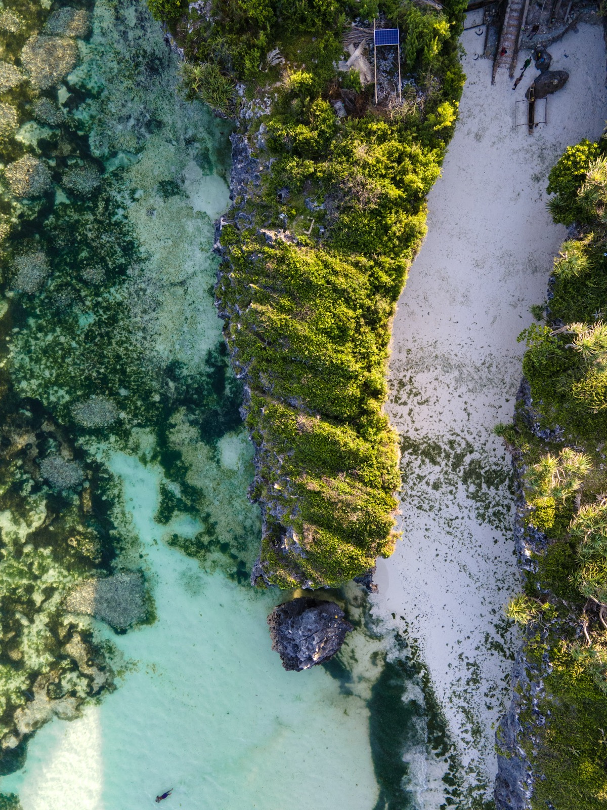Aerial view of a tropical coastline with clear turquoise water and lush green vegetation on Zanzibar's east coast near Jambiani